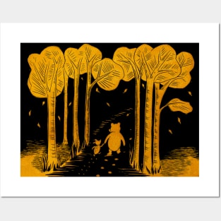 Winnie the Pooh and Piglet lino print in gold and black Posters and Art